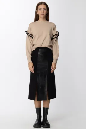 Gonna midi con inserto in pelle Nero