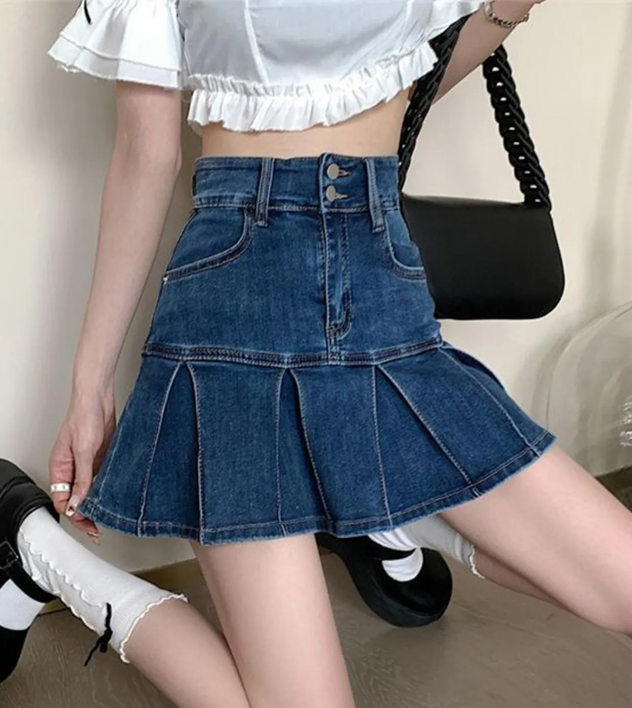 Moukyun Gonna jeans a vita alta Donna Estate Causale Una linea Mini gonna a pieghe Pantaloni da donna Demin Gonne Faldas Mujer
