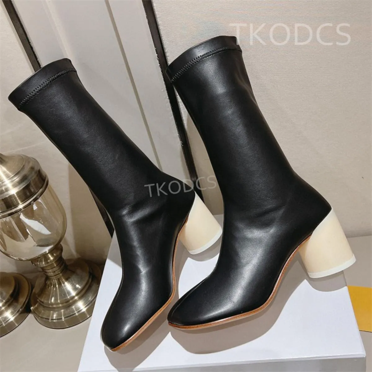 Stivali al polpaccio in vera pelle di marca Stivali da donna con tacco tondo e punta quadrata Autunno Inverno Semplice slip on s