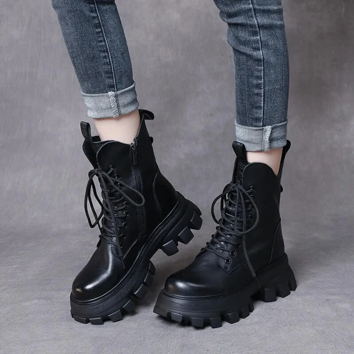 Stivali inverno 2023 nuova vera pelle suola spessa stile britannico autunno scarpe da donna caldo peluche antiscivolo piattaform