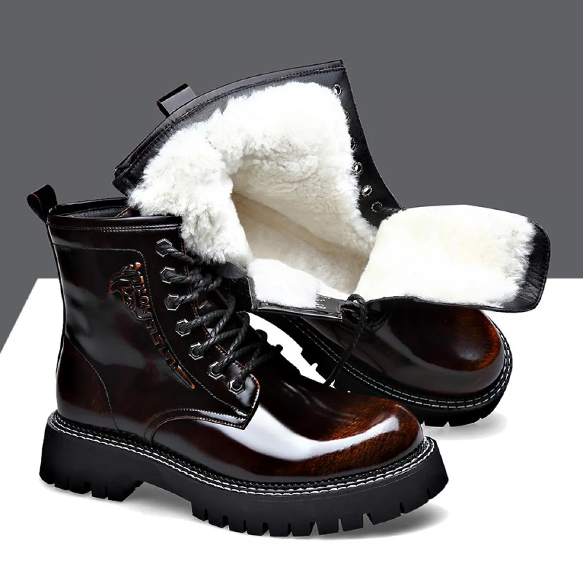 Stivali Martin Uomo Vera Pelle Lucida Pelle Morbida Suola Spessa Stile Inglese Basso Top Corto Retro Peluche Lana Elevato Wo